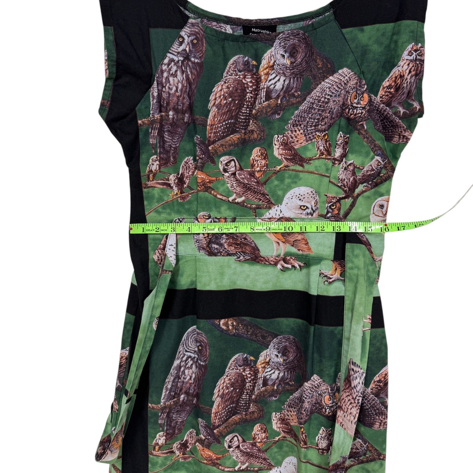 Matrushka Construction Shift Dress, Size Small, Owl Print Belted Handmade Unique
