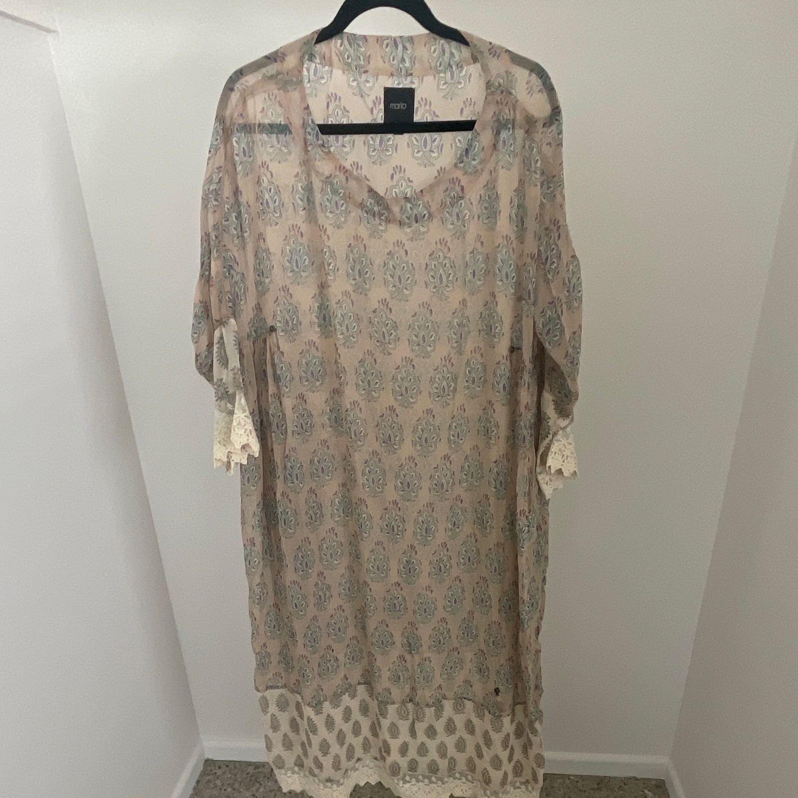 Marlo T3 Boho Floral Kaftan Maxi Dress Lace Trim Bell Sleeve Beige Blue