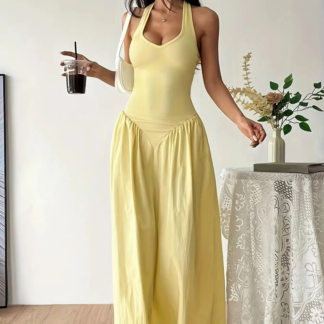 Womens Halter Maxi Dress Sleeveless V Neck Backless Boho Summer Sun Dress