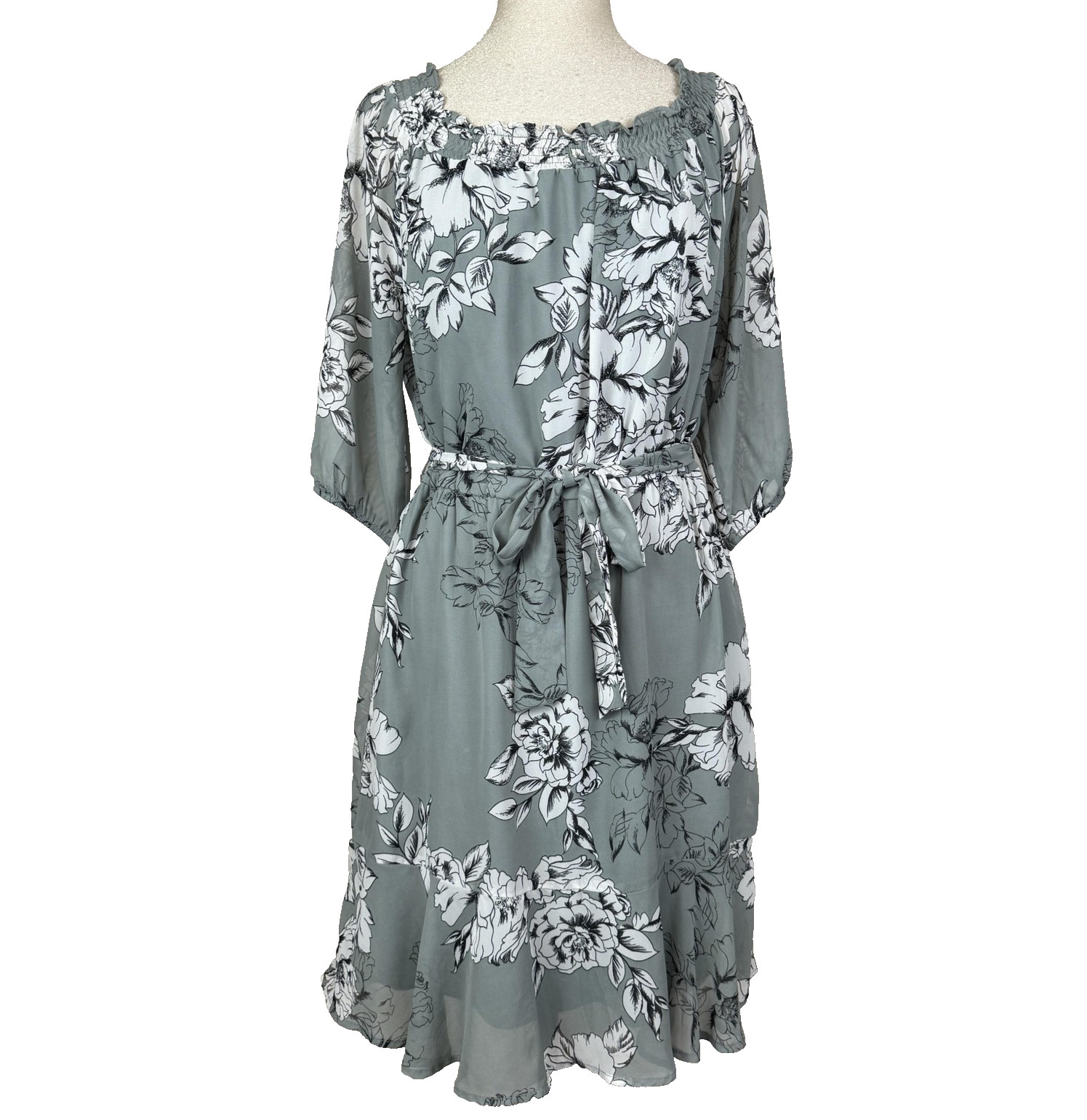 Maurices Dress Women L Floral Chiffon Belted Green Ruffle Garden Party Romantic
