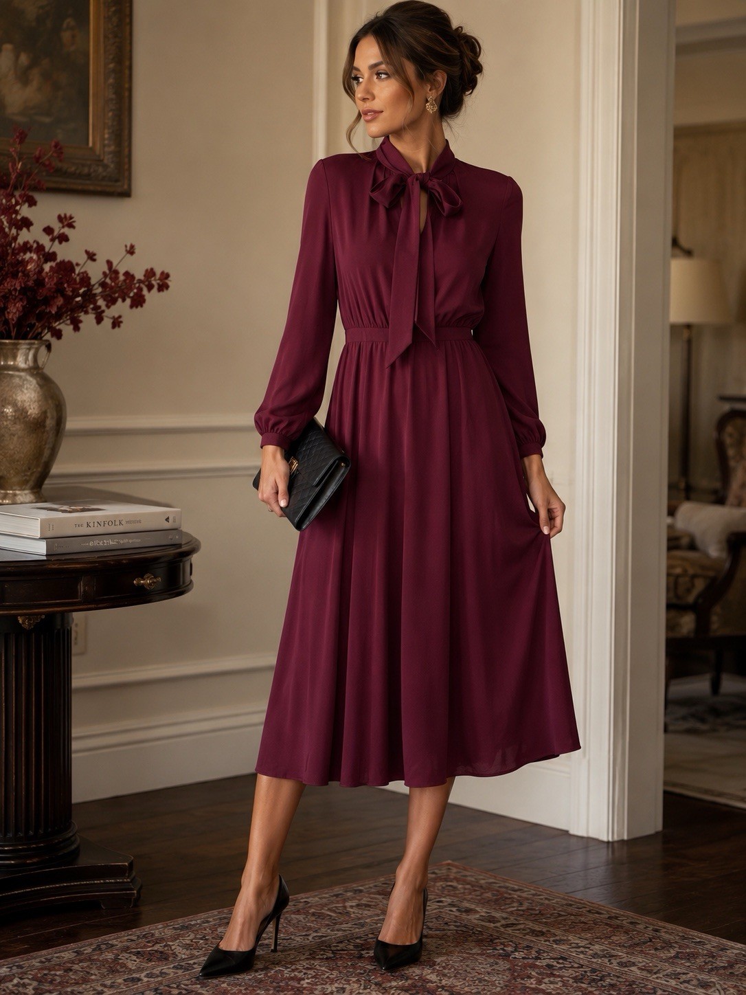 Lichi Germany maroon/burgundy pussybow midi dress with long sleeves Size XS