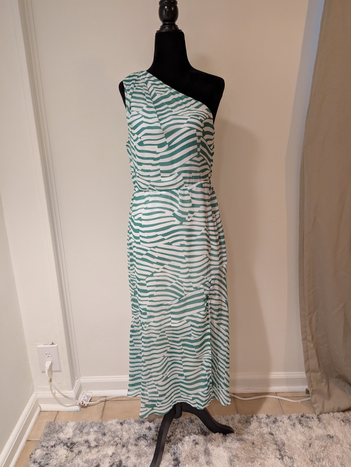 Sam Edelman Green White Zebra Stripe One Shoulder Midi Dress Size 6