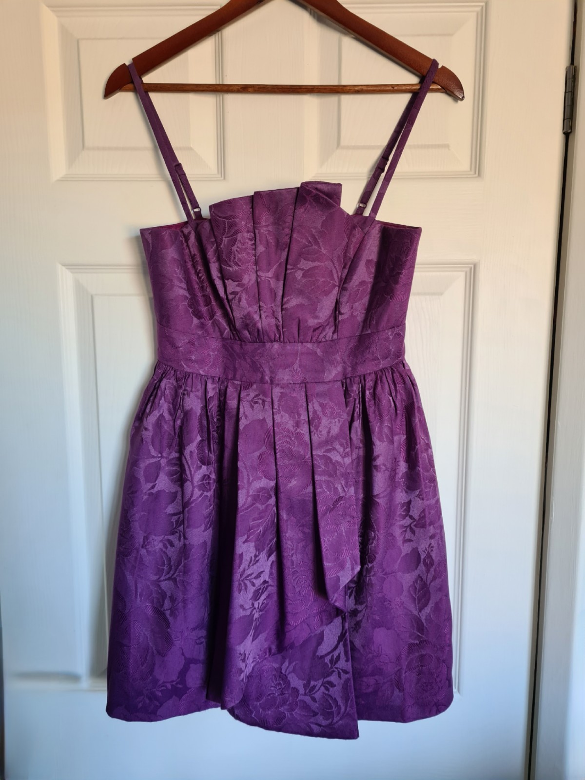 Amphora purple strappy embroidered cocktail mini dress with origami folds