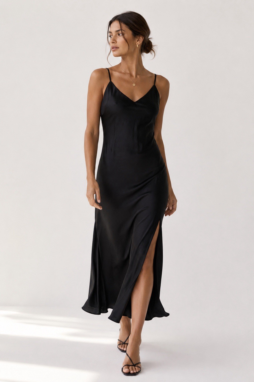 Forever 21 Black Satin Slip Dress Maxi Midi Side Slit Cami Dress NWT Large