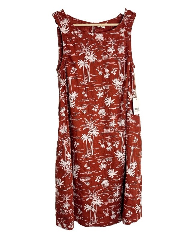 NWT A.N.A. Tropical Print Shift Dress Sleeveless Linen Blend Brown Sz M