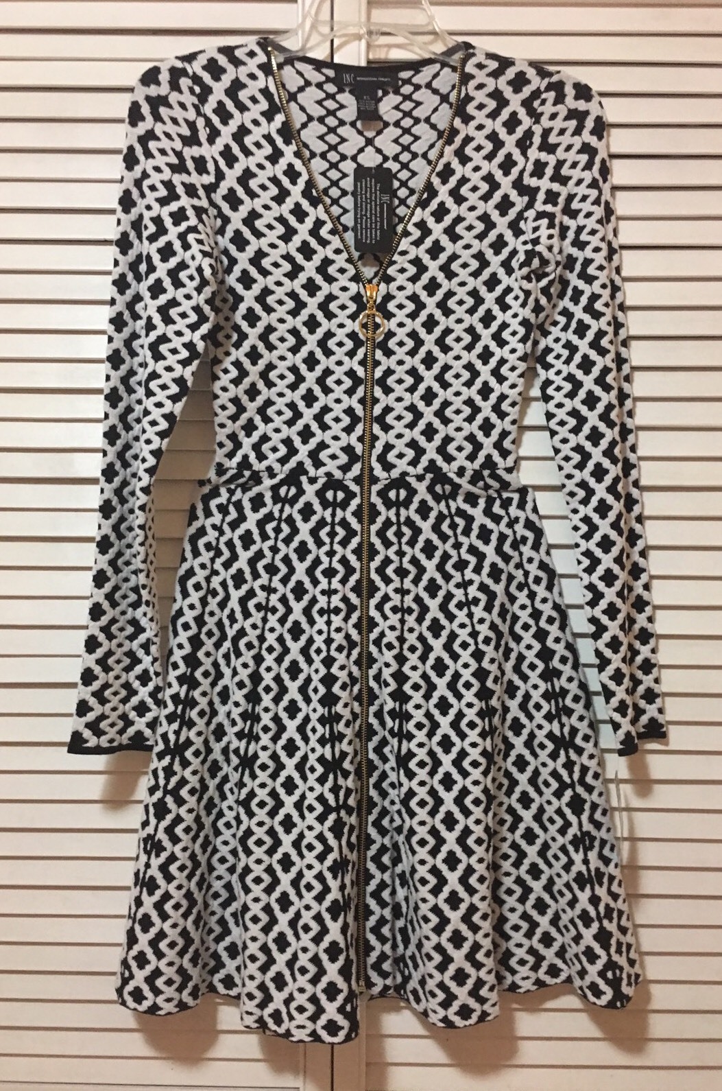 INC International Concepts Printed Zipper Front Sweater Dress Black XS,S,M