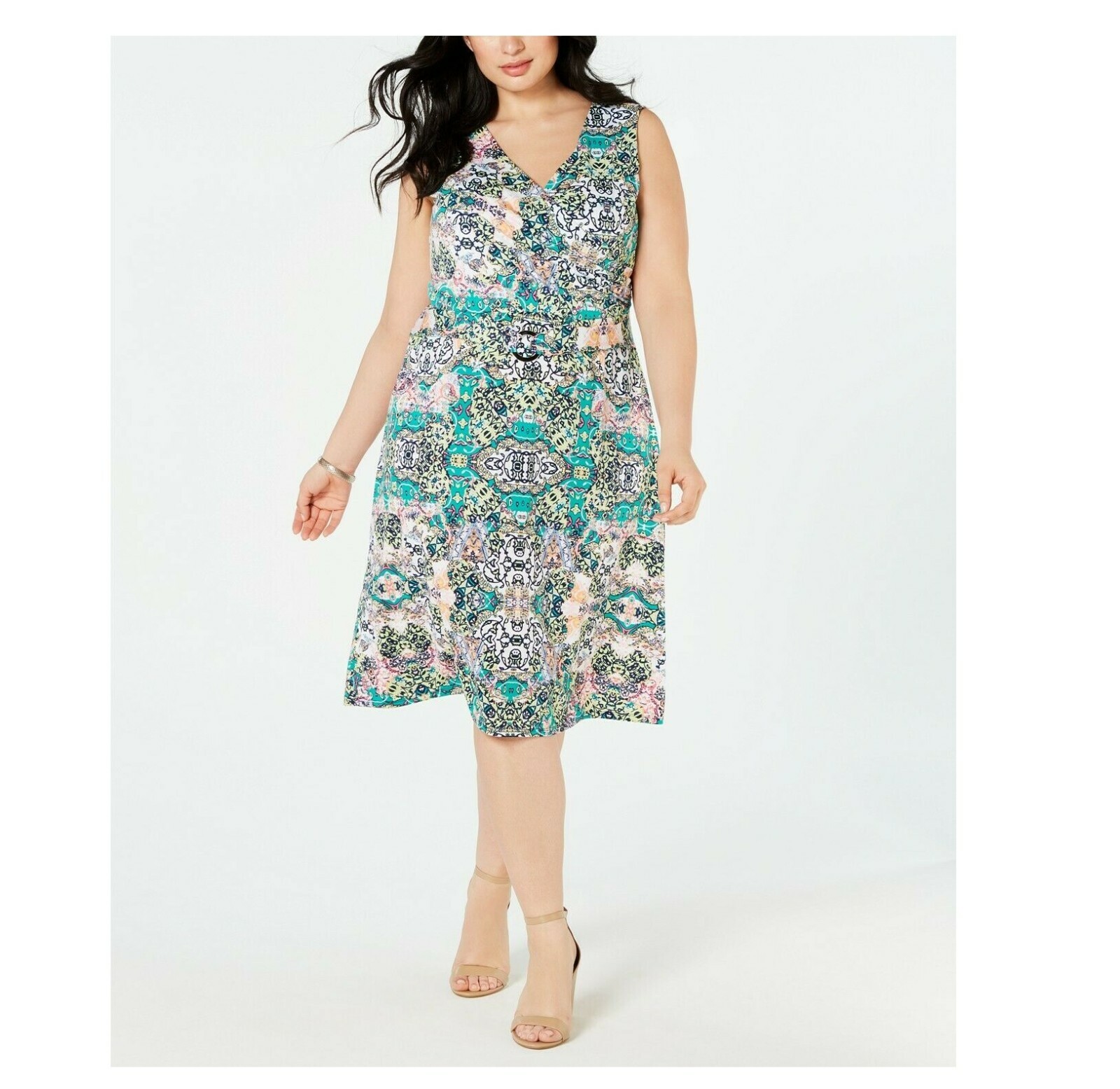 NY Collection Womens Plus 3X Green Multi Sleeveless Belted Ring Wrap Dress NWT