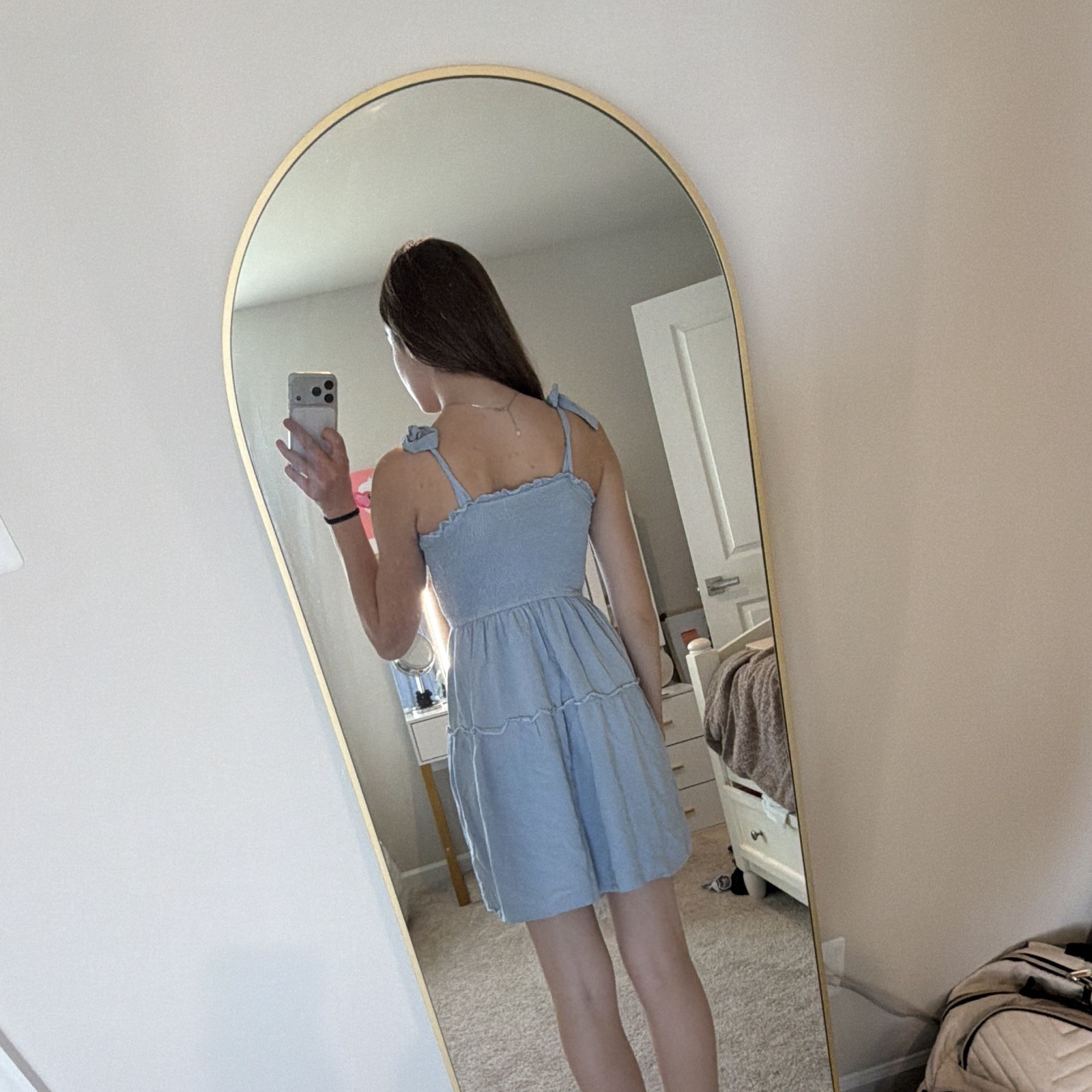 Zest Blue Solid A-Line Short Dress Square Neck Smocked Tie Straps Women’s XS