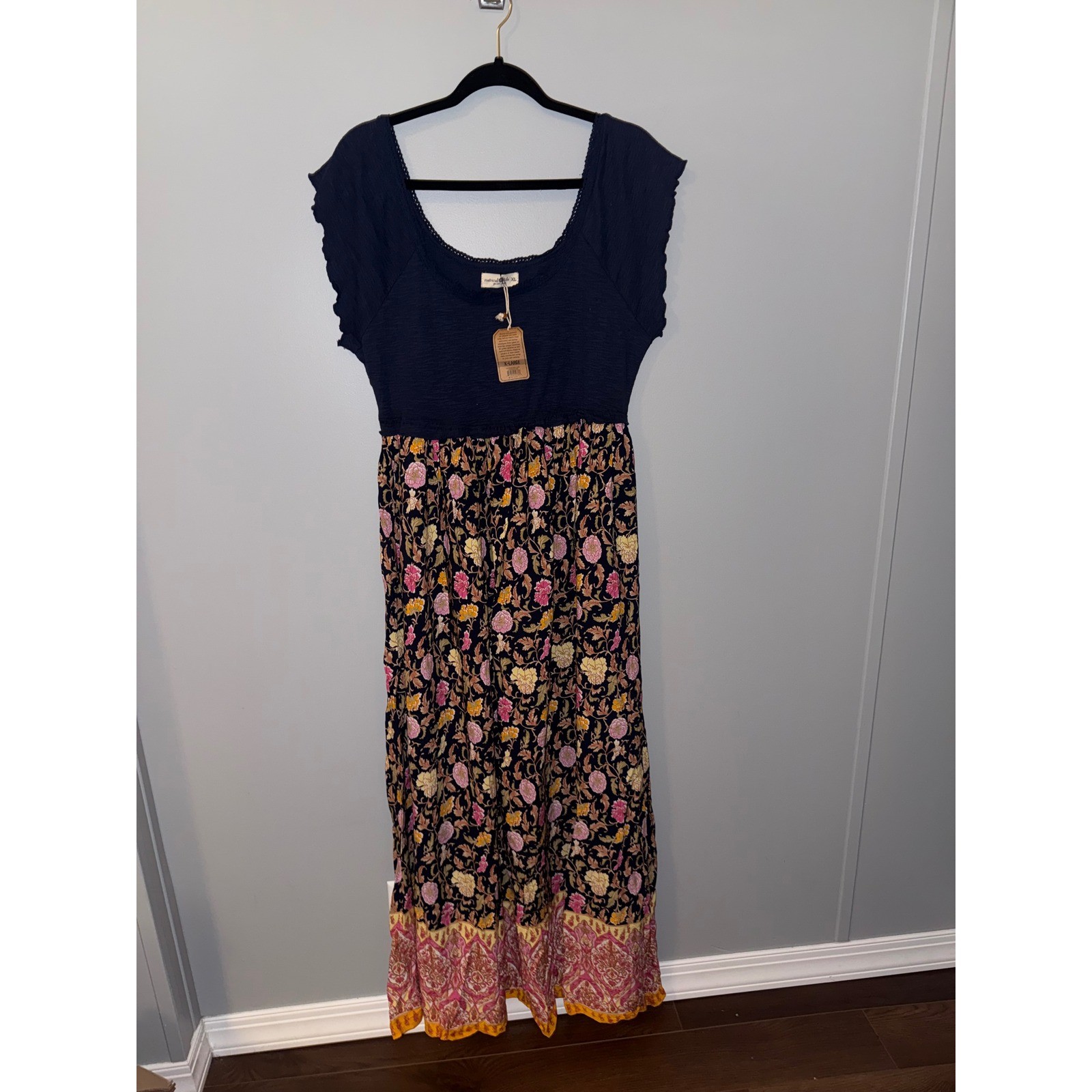 Natural Life Navy Floral Maxi Dress Boho Flutter Sleeve XL whimsigoth hippie