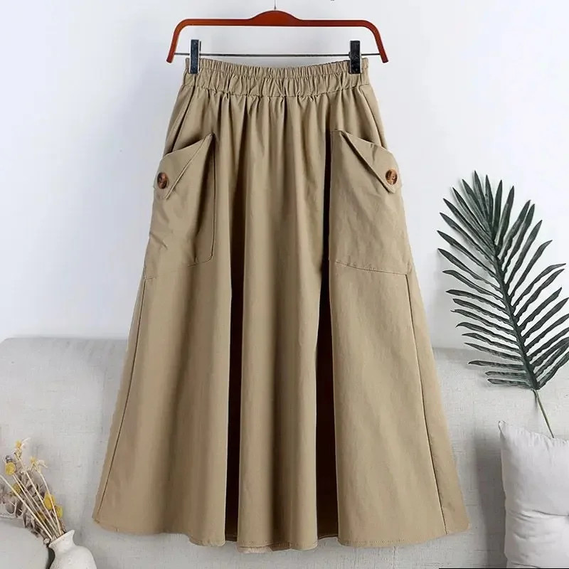 2022 Summer New Women’s Workwear Pocket Button Elastic Waist Medium-Length