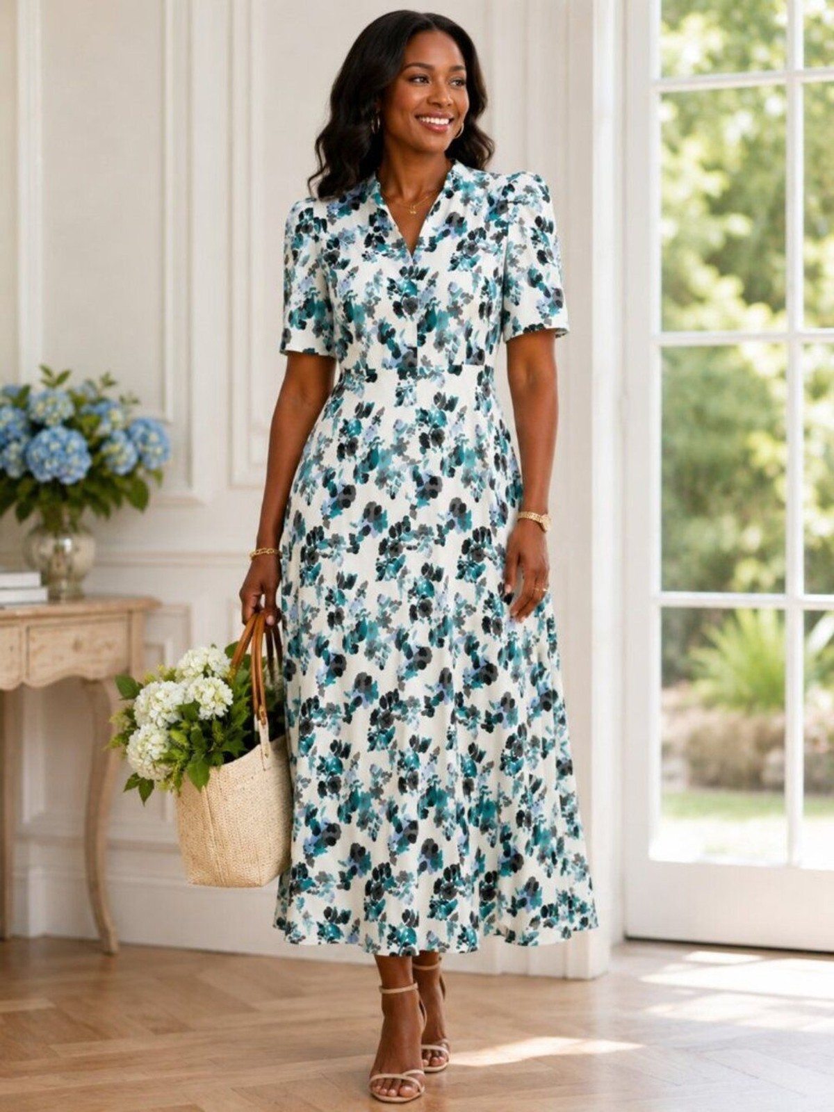 Tuckernuck Blue Blooms 100% Linen Midi Dress XS NWT Puff Sleeve Floral