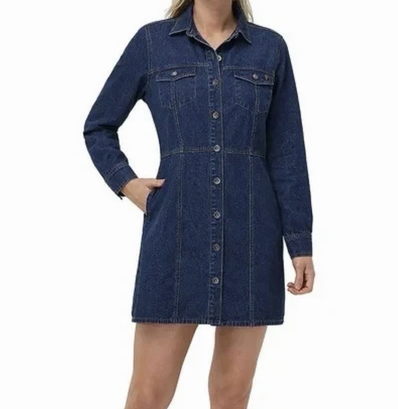 Frye Denim Dress Size Medium Dark Wash Mini Button Front Dual Chest Pockets NWOT
