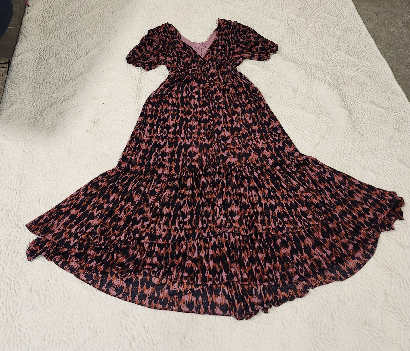 Anthropologie Purple Printed Ruched-Sleeve Mesh Lined Maxi Dress Petites Sz S