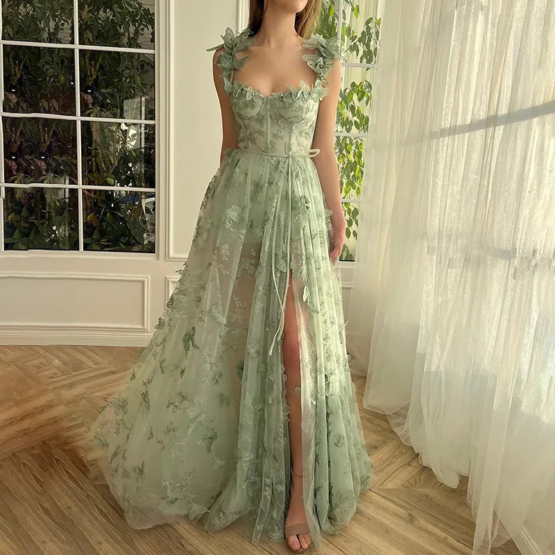 Forest Fairy Evening Gown Lace Mesh Modest Dress Thigh High Slit Long Dresses