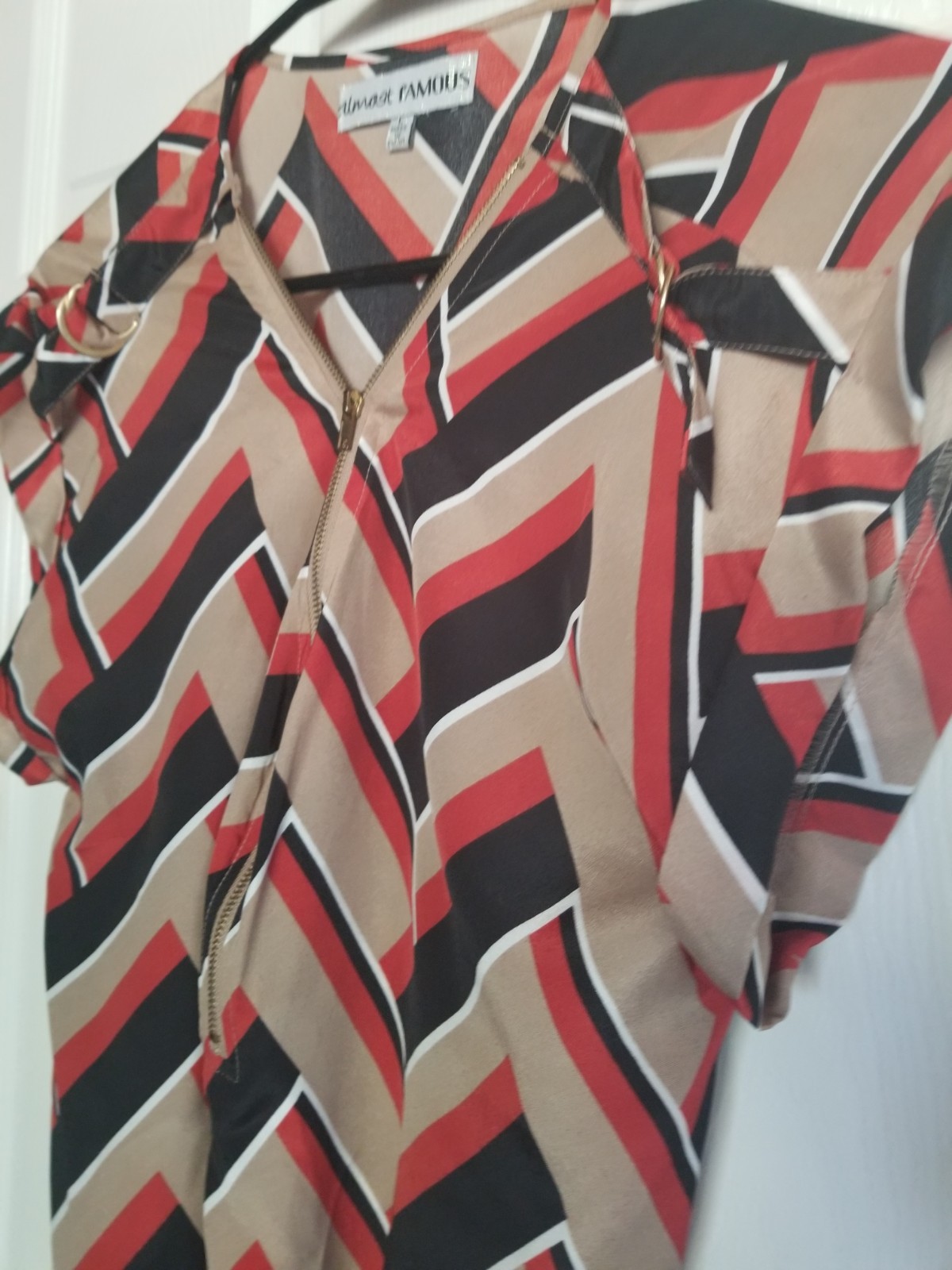 Almost Famous Size L Abstract Black/Tan/Ivory/Brick Print Loop Belted Dress. EC!