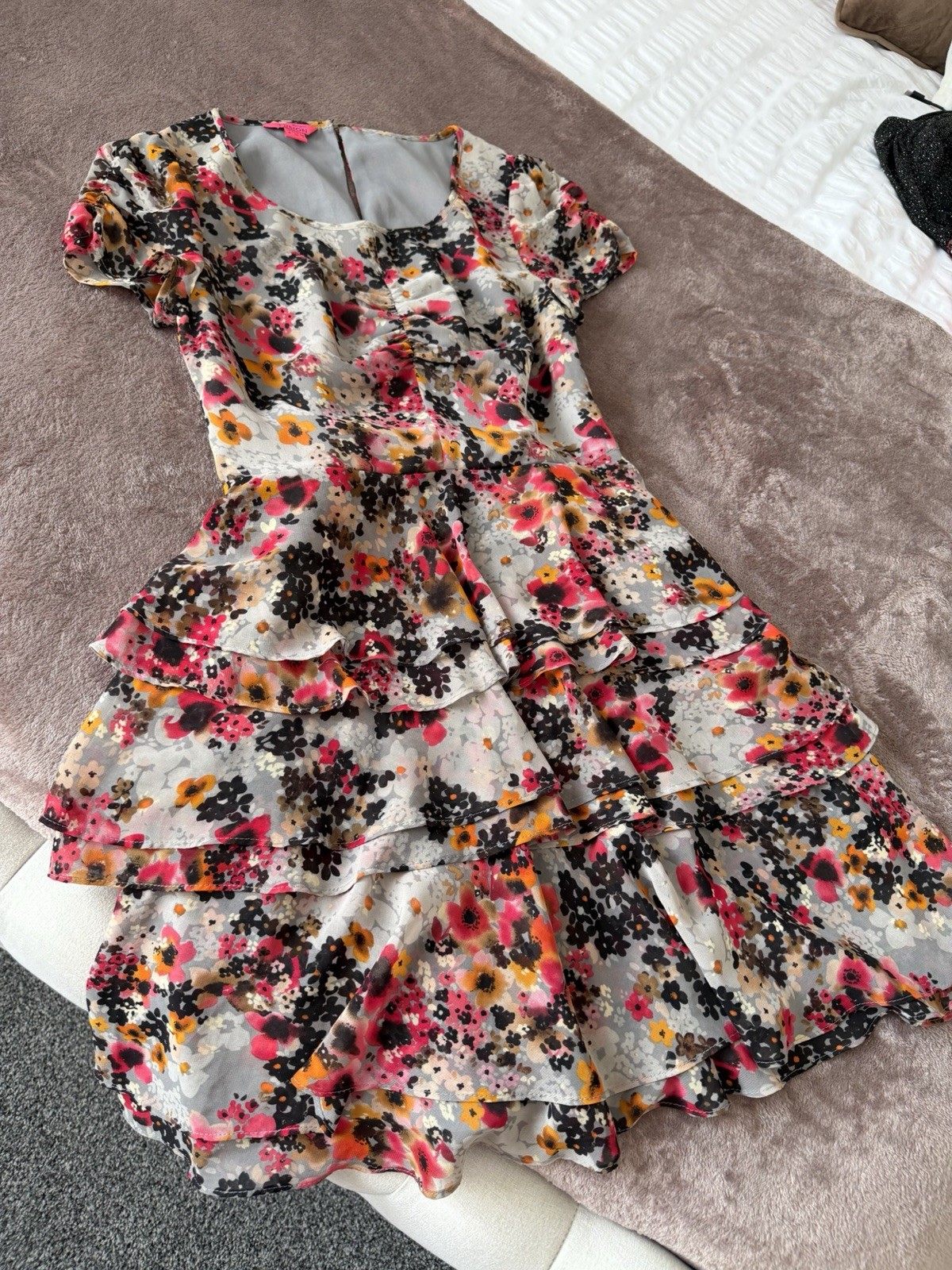 Monsoon Fusion Floral Tiered Ruffle Dress UK 8 US 4 Short Sleeve Summer Chiffon