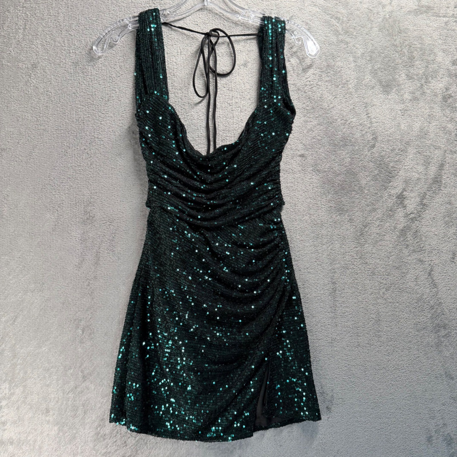 Lucy In The Sky Emerald Sequin Mini Dress XS Open Back Cowl Party Vegas Glam