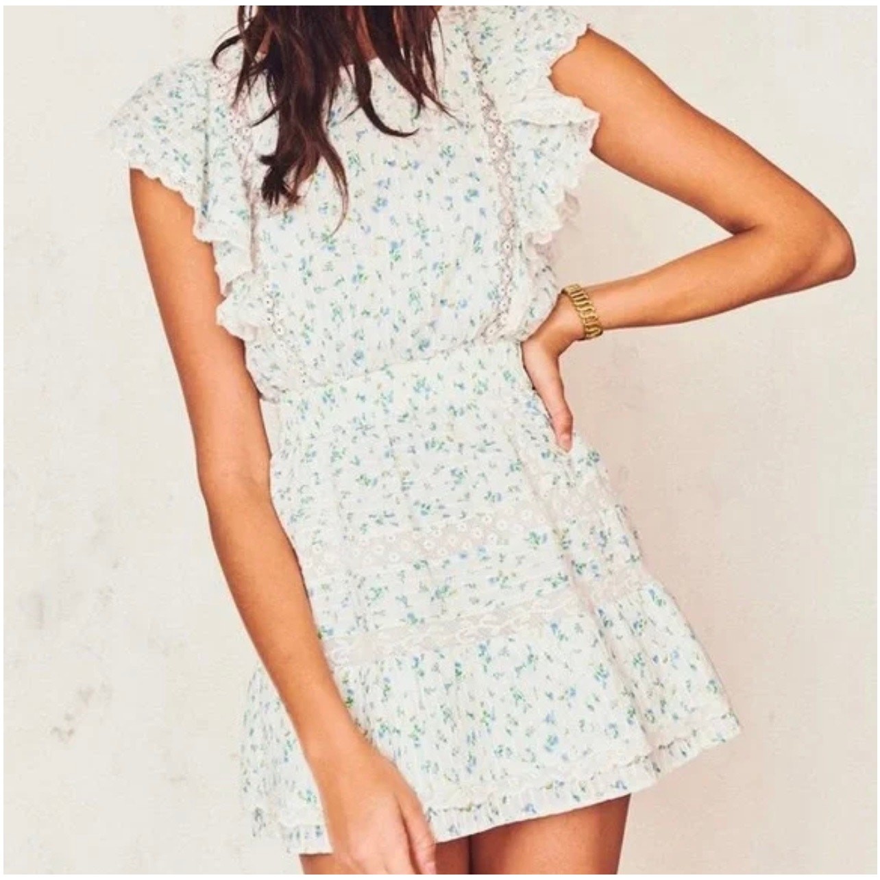 LoveShackFancy Roberta Floral Ruffle Mini Dress Bonnet Blue Small Coquette