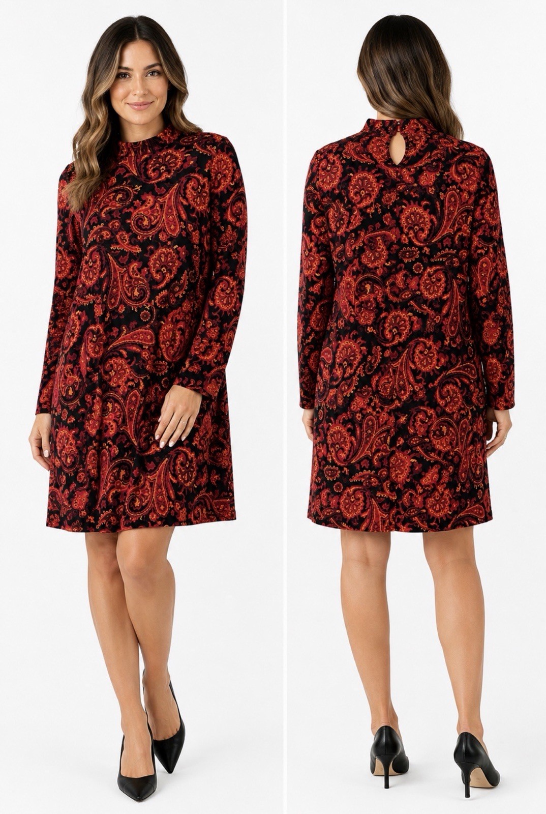 AGB Size L Black/Red Paisley Mock Neck Keyhole Long Sleeve Shift Dress
