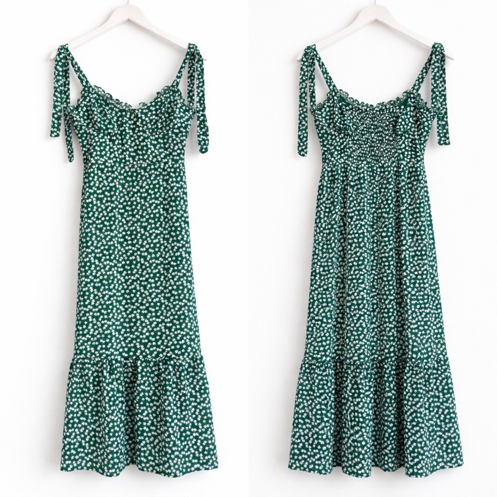 Green Floral Smocked Midi Dress Women Medium Prairie Cottagecore Dainty Granola