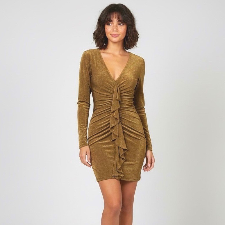 Significant Other Gold Ruched Long Sleeve V Neck Bodycon Mini Dress AU 6 US 2
