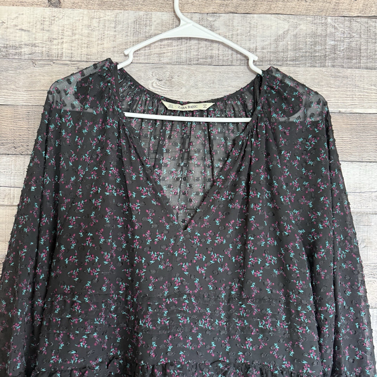 Zara Basics Small Black Floral Mini Dress Long Sleeve Sheer Lined Boho Babydoll