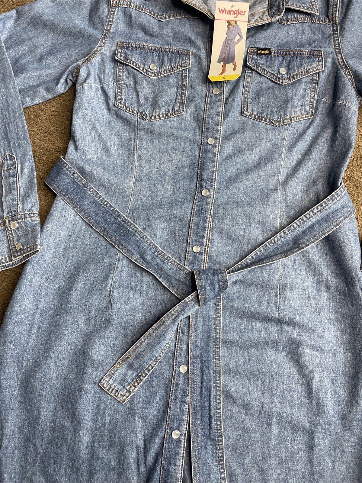 Wrangler Belted Denim Midi Dress Size-S Blues- Jean Dress- NWT- Two Side Pockets