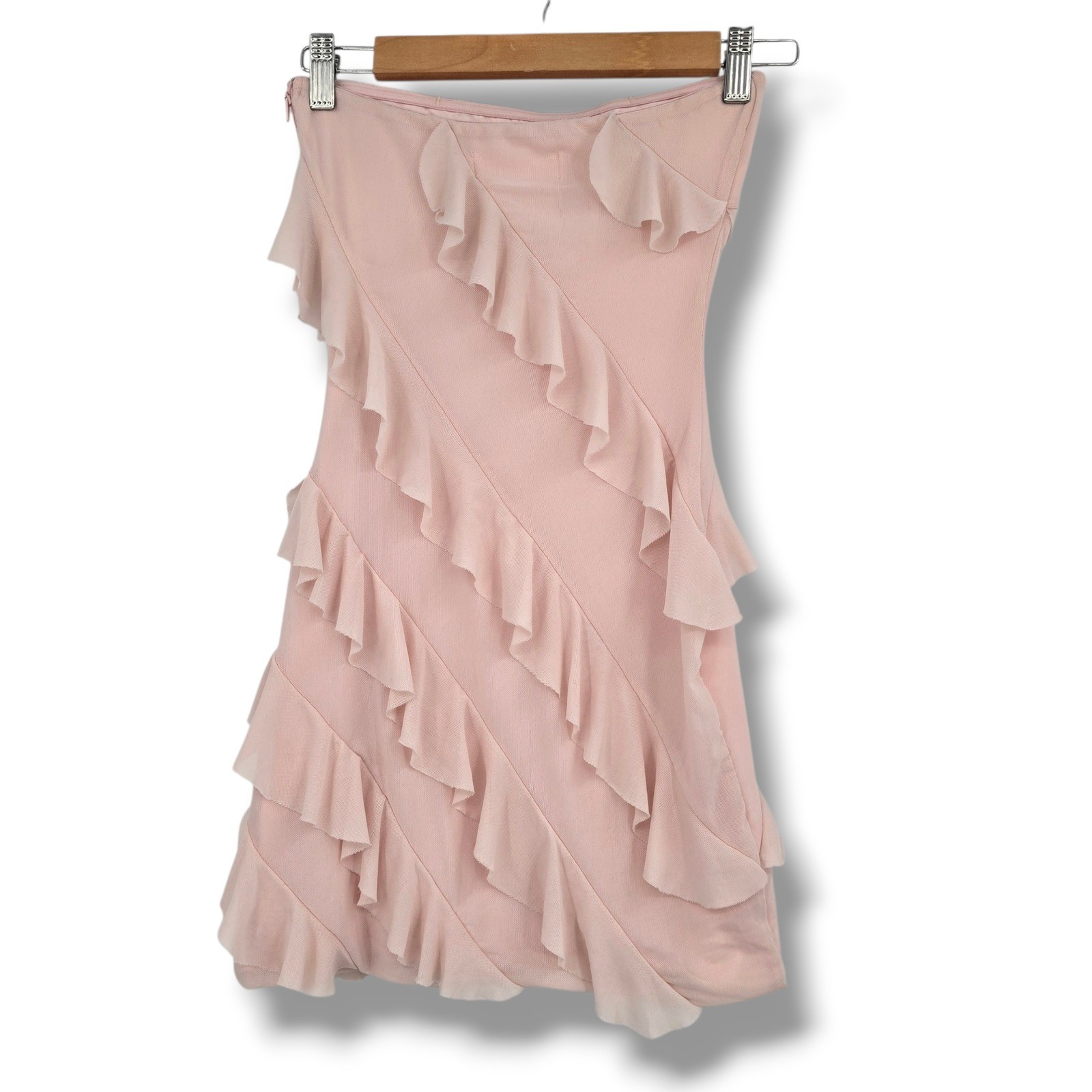 Pants Store Womens Strapless Ruffle Mini Dress Blush Pink Mesh Bodycon Small