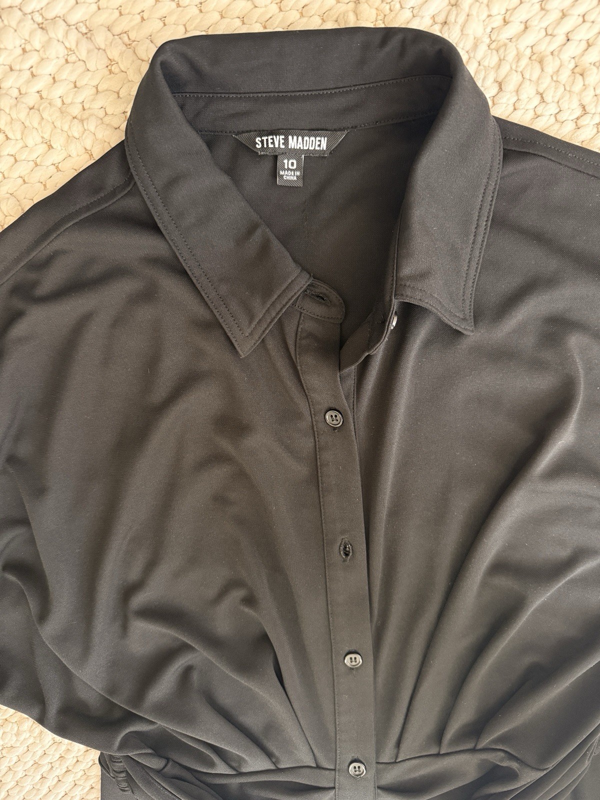 Steve Madden Black Collared Button Belted Shirt Dress Tie Accent Short Sleeve 10