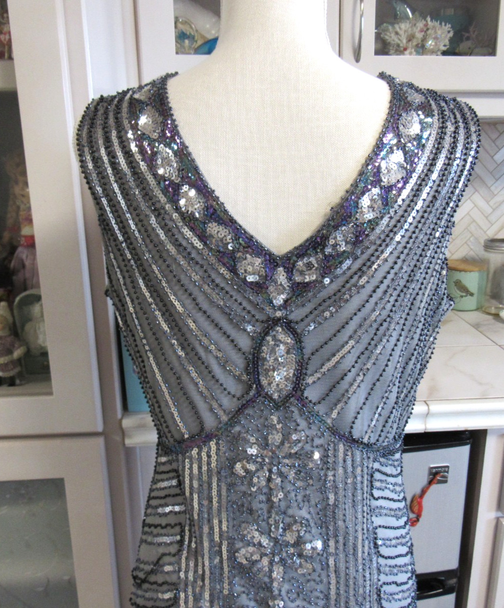 METME FLAPPER FRINGE BLACK BEADS SILVER SEQUINS SHORT SLEEVES SZ L ORIGINAL TAG