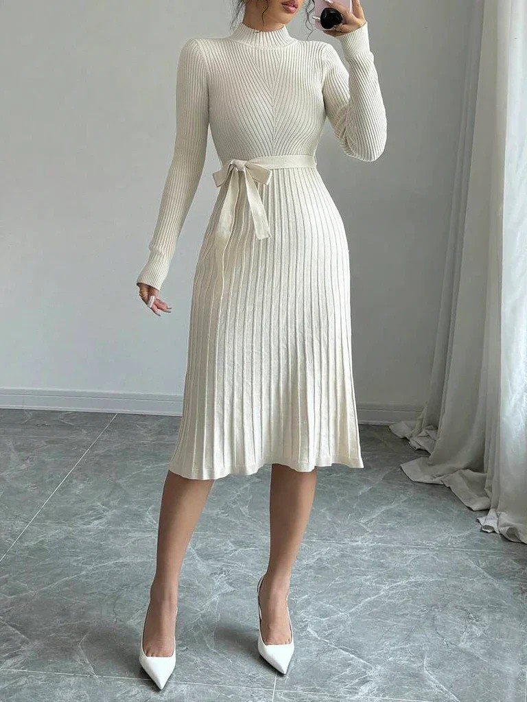New Elegant Minimalist Solid Color Stand Collar Fitted Sweater Dress, Autumn