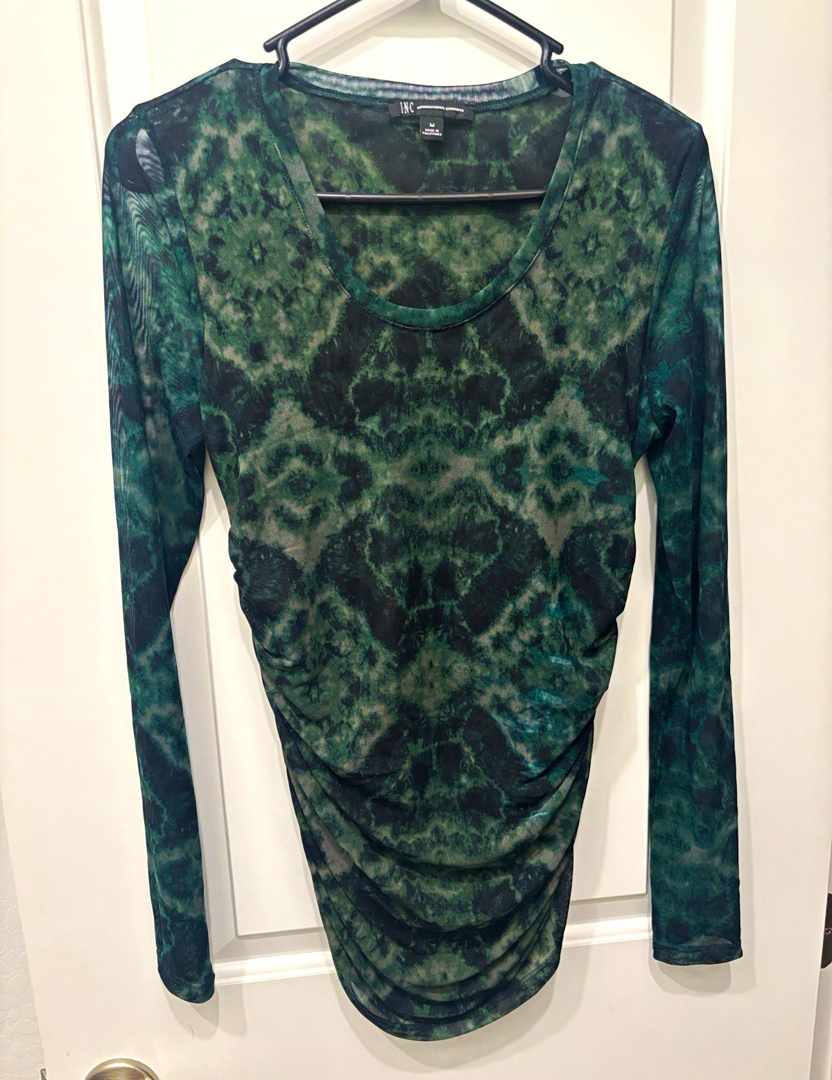 INC International Concepts Tie Dye Mesh Ruched Bodycon Dress Long Sleeve M