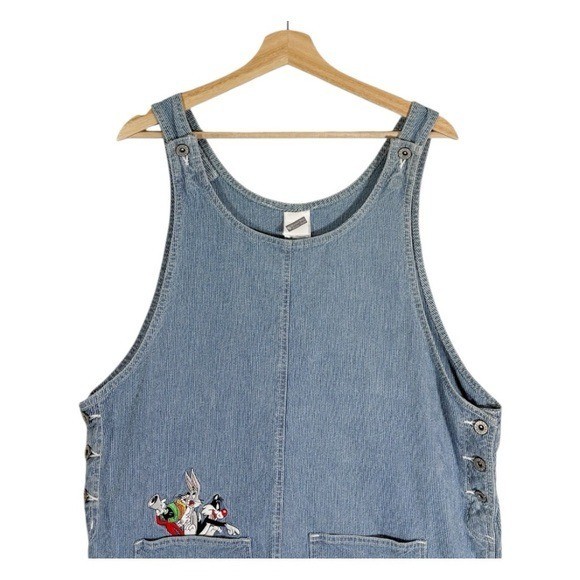 Vintage Looney Tunes 90s Sleeveless Pinstripe Denim Jean Dress Size Large Womens