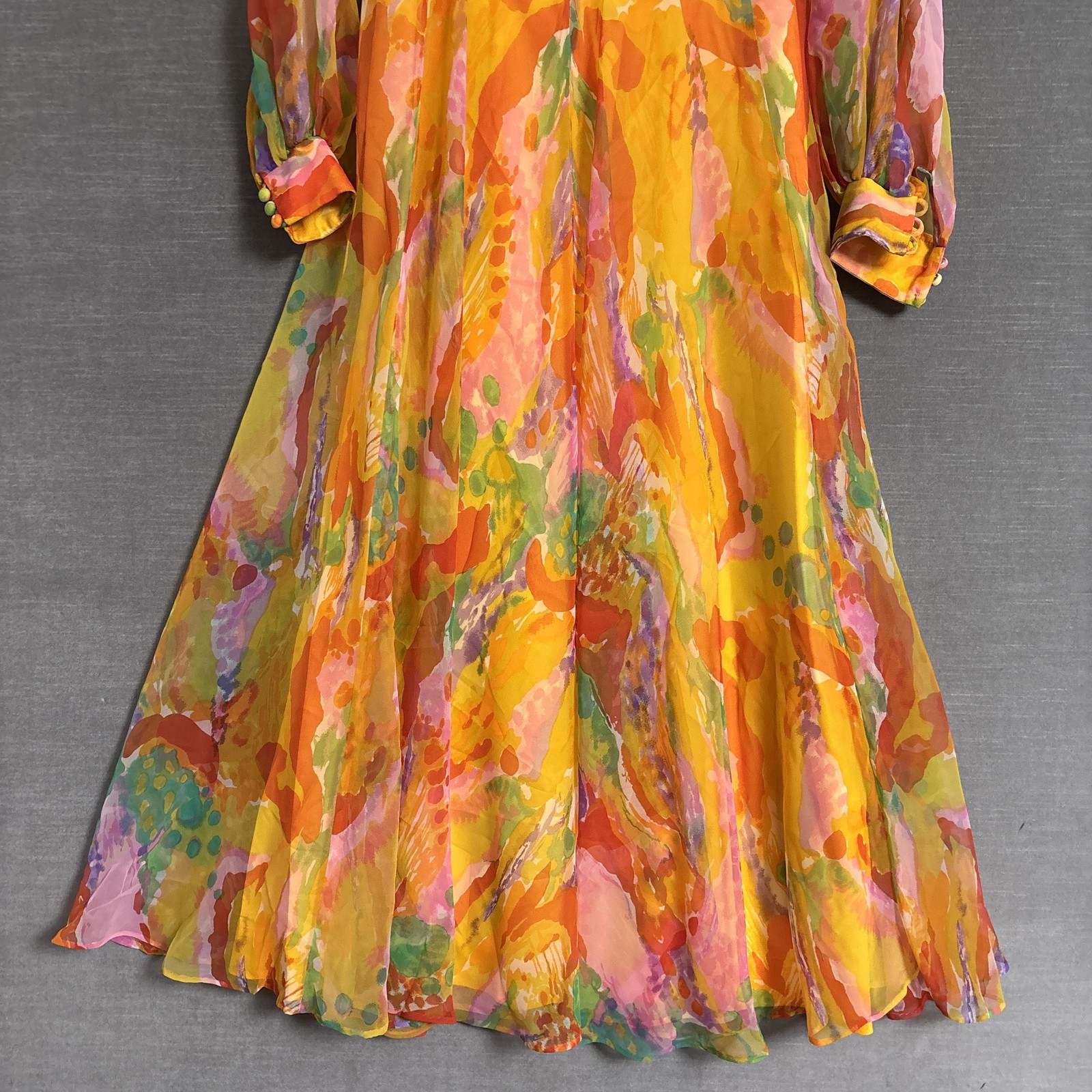 Vintage Jack Bryan Dress XS 70s Watercolor Chiffon Maxi Hostess Gown Psychedelic