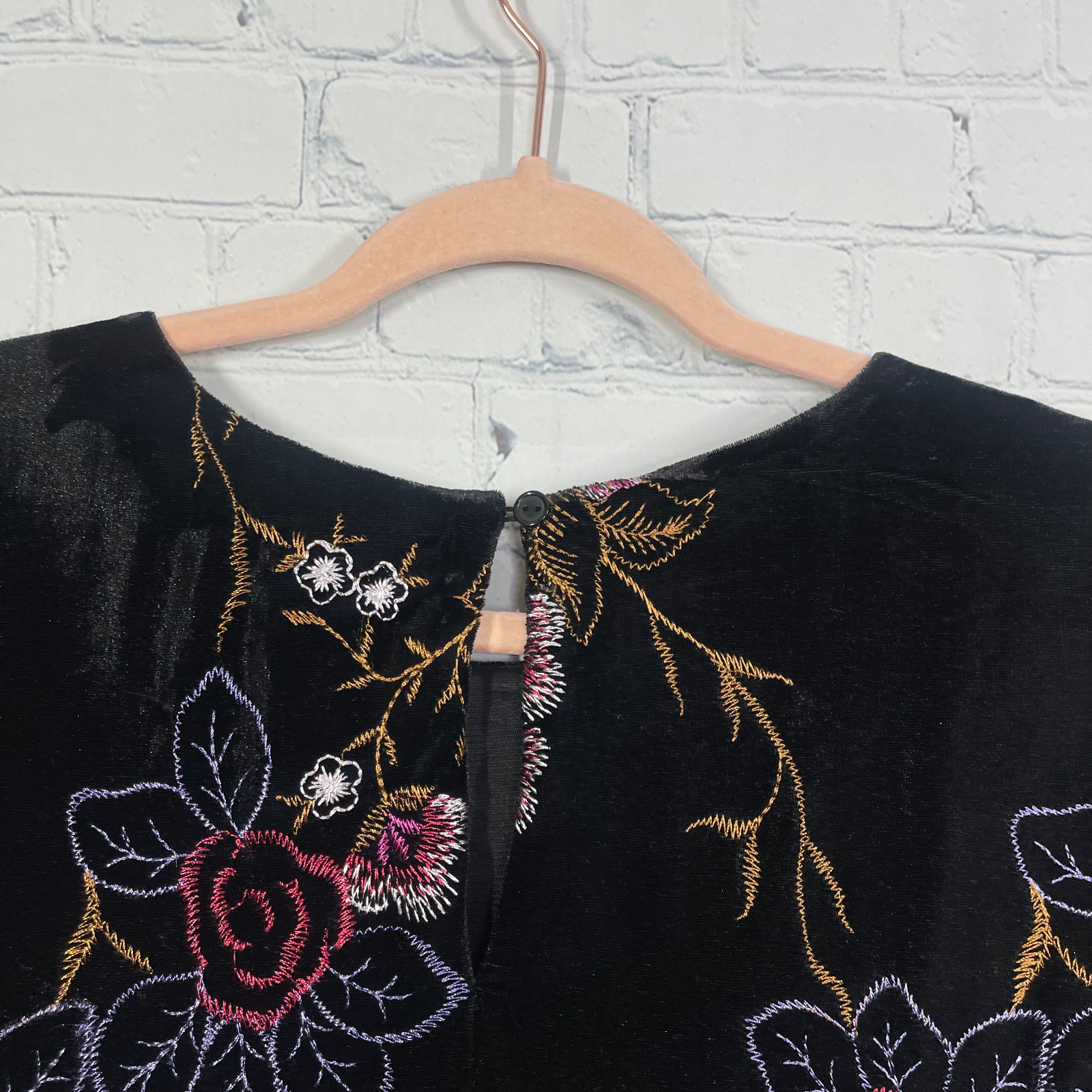 Beige Eci Dress Women Size 8 Pullover Velvet Floral Whimsygoth Embroidered