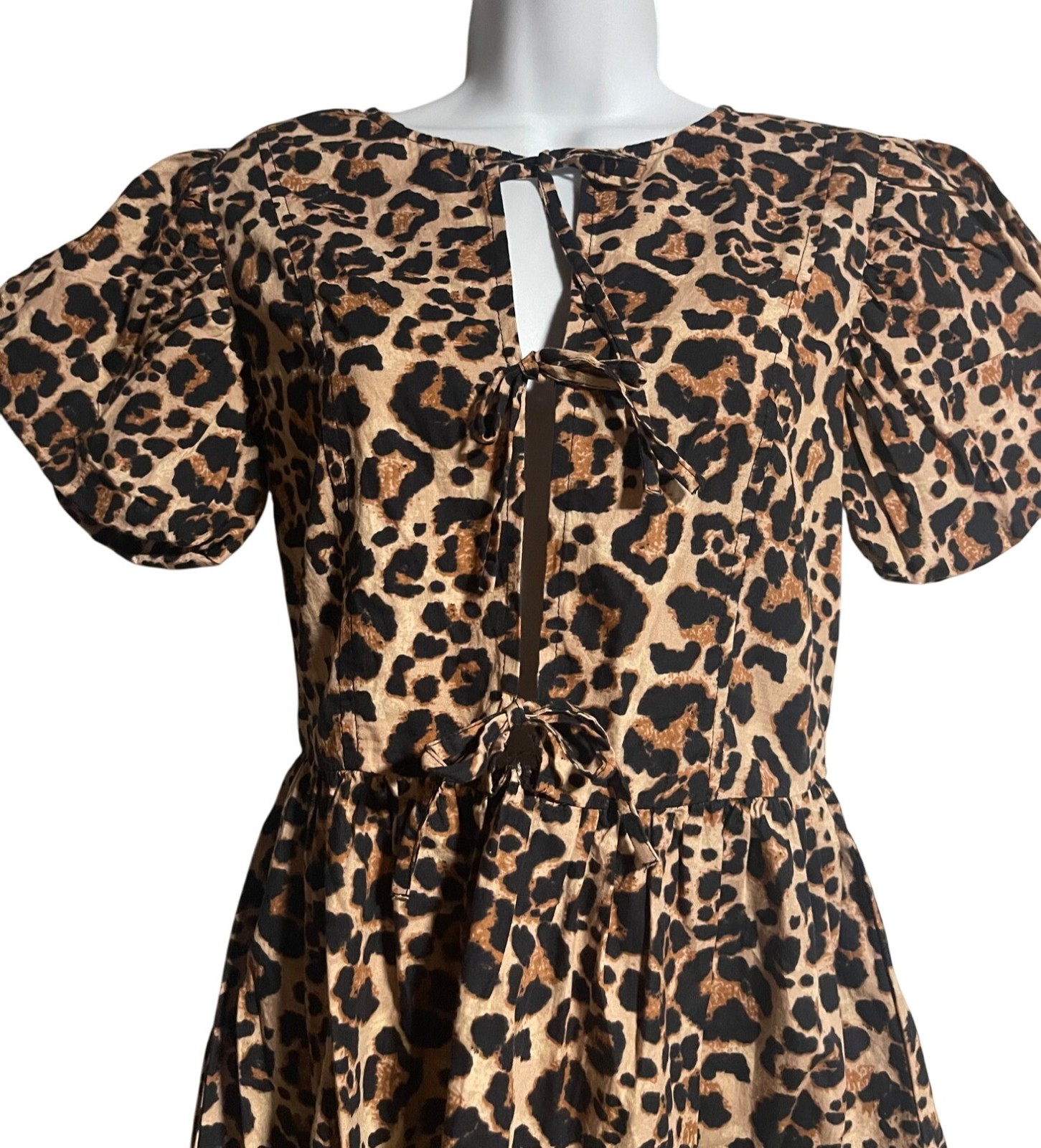 Sim & Sam Womens Leopard Puff Sleeve Shirred Mini Dress Size S JR 100% Cotton