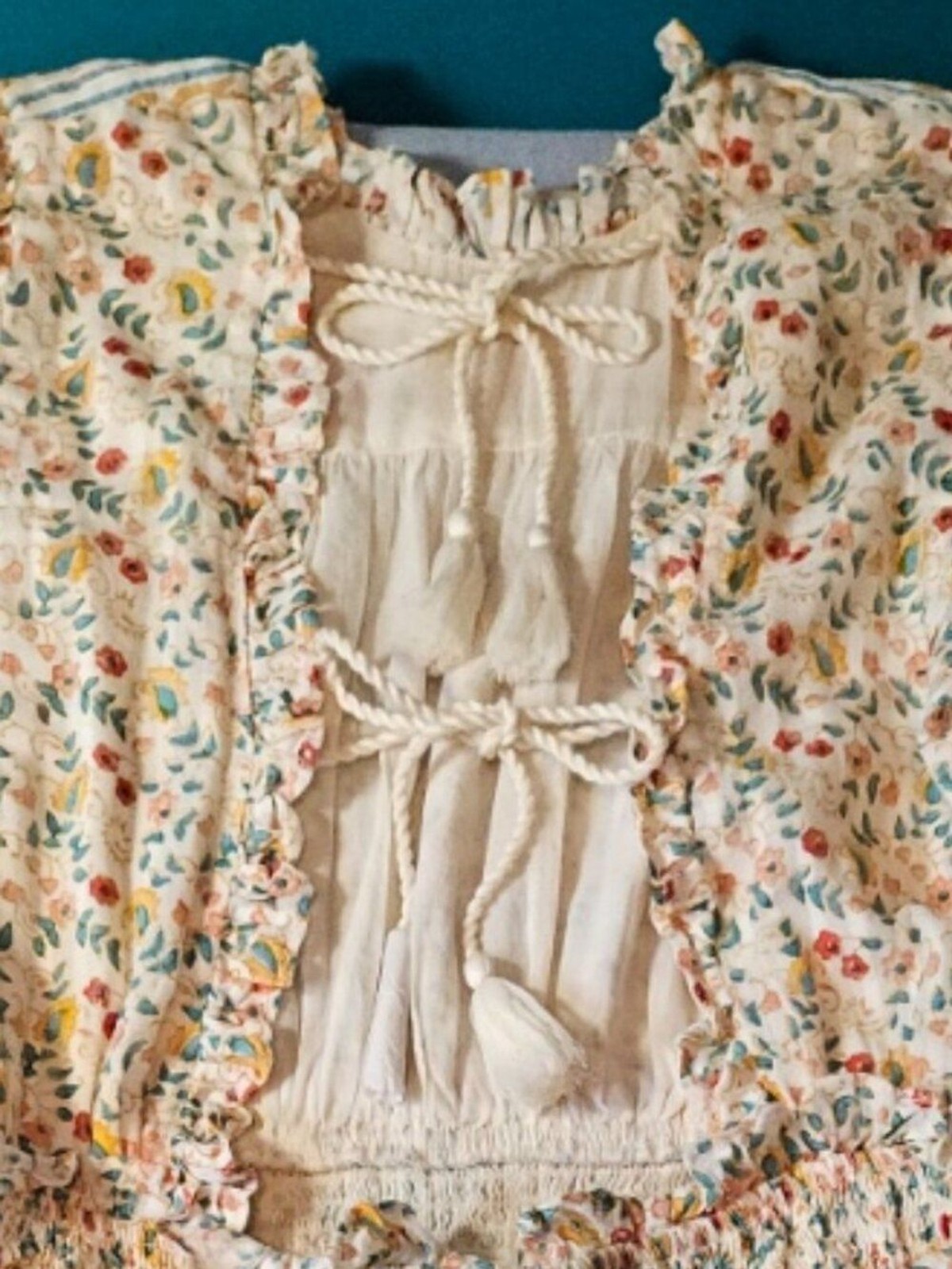 Cleobella Organic Cotton Woodblock Floral Tassel Smocked Midi Dress – Large