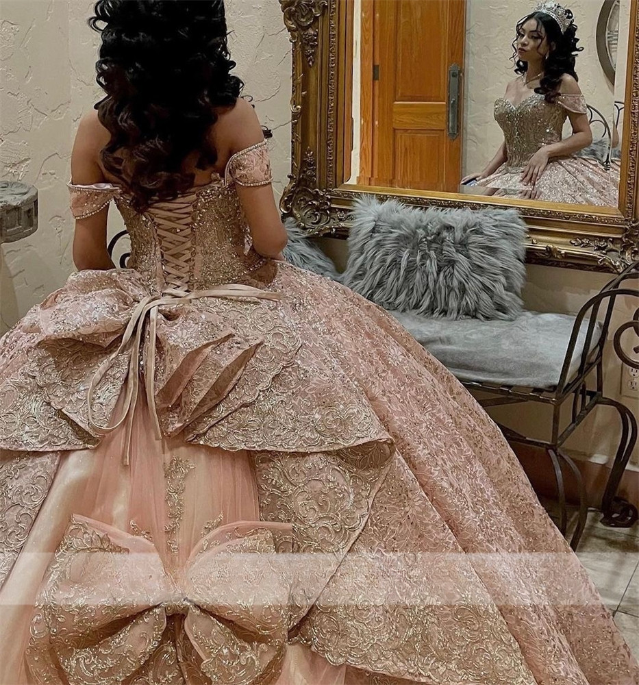 Champagne Rose Gold Quinceanera Dresses Sparkly Lace Ball Gown Bow Back Sweet 16