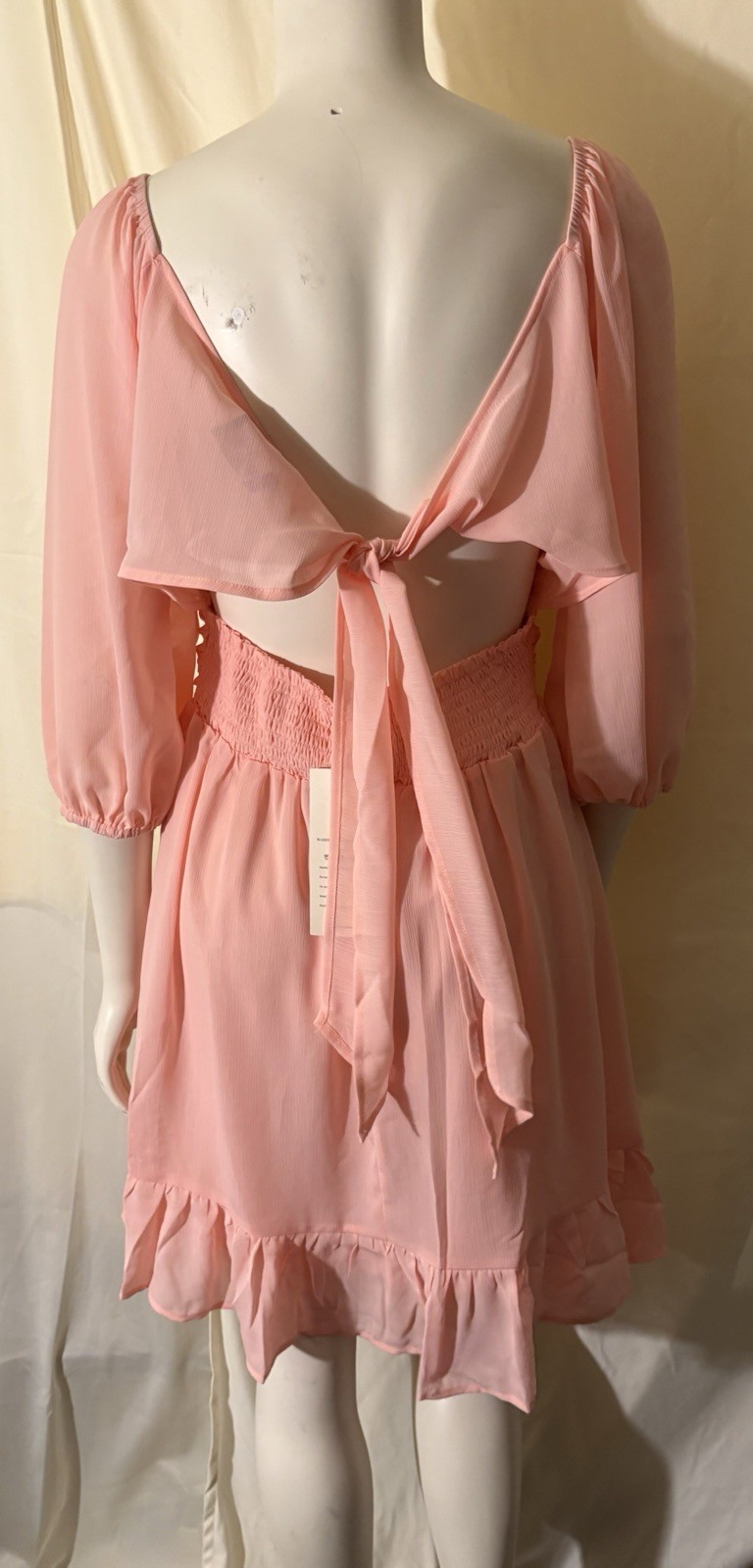 Dokotoo Pink Square Neck Smocked Ruffle Mini Dress Tie Back Puff 3/4 Sleeve M