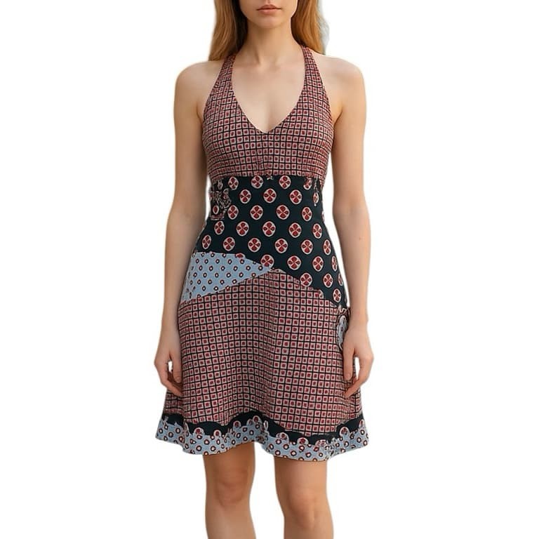 Prana Halter Geo Patchwork Dress Organic Cotton Elastane Smocked Medium