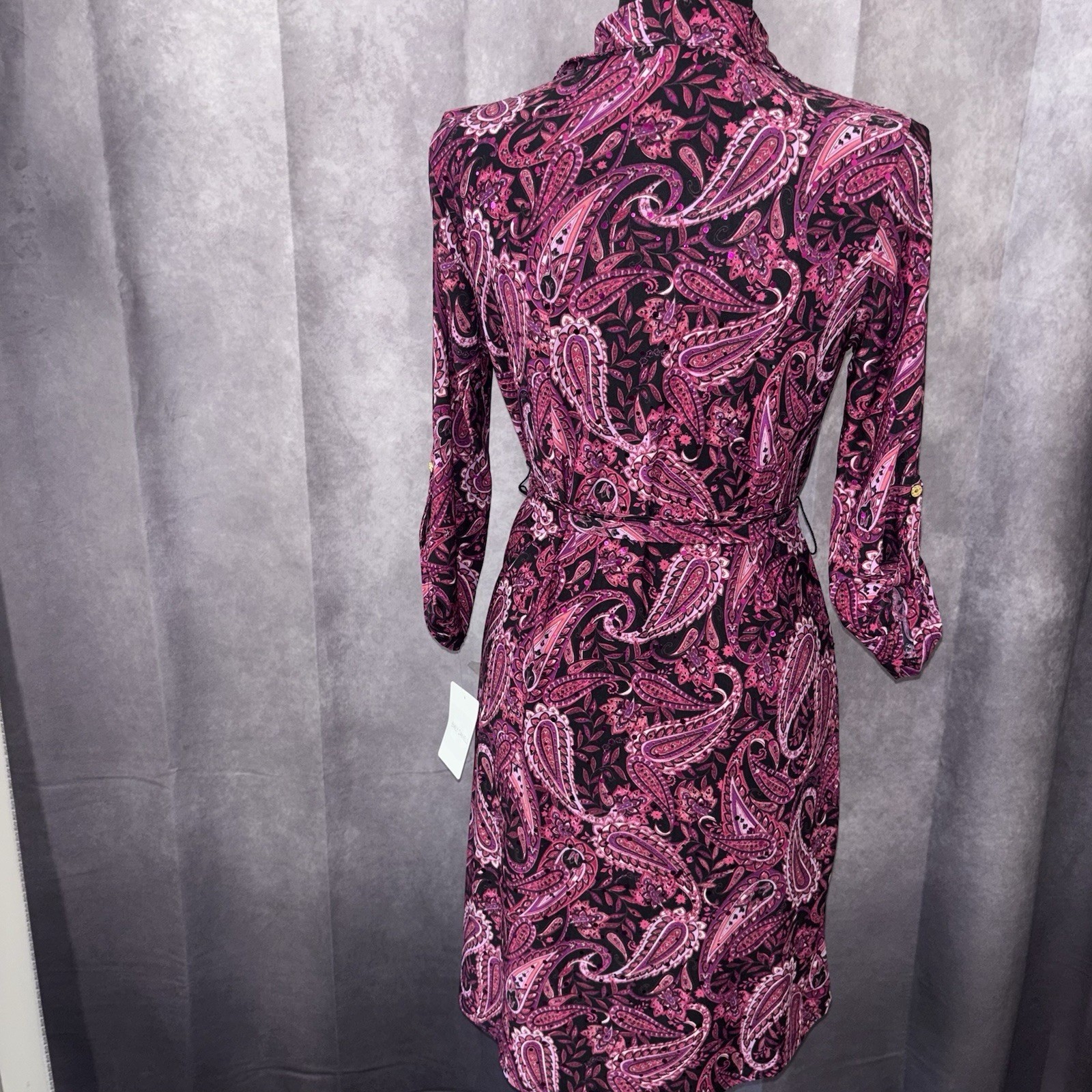 NWT Emily Daniels Petite Small Pink Paisley Sequin Button Front Shirt Dress