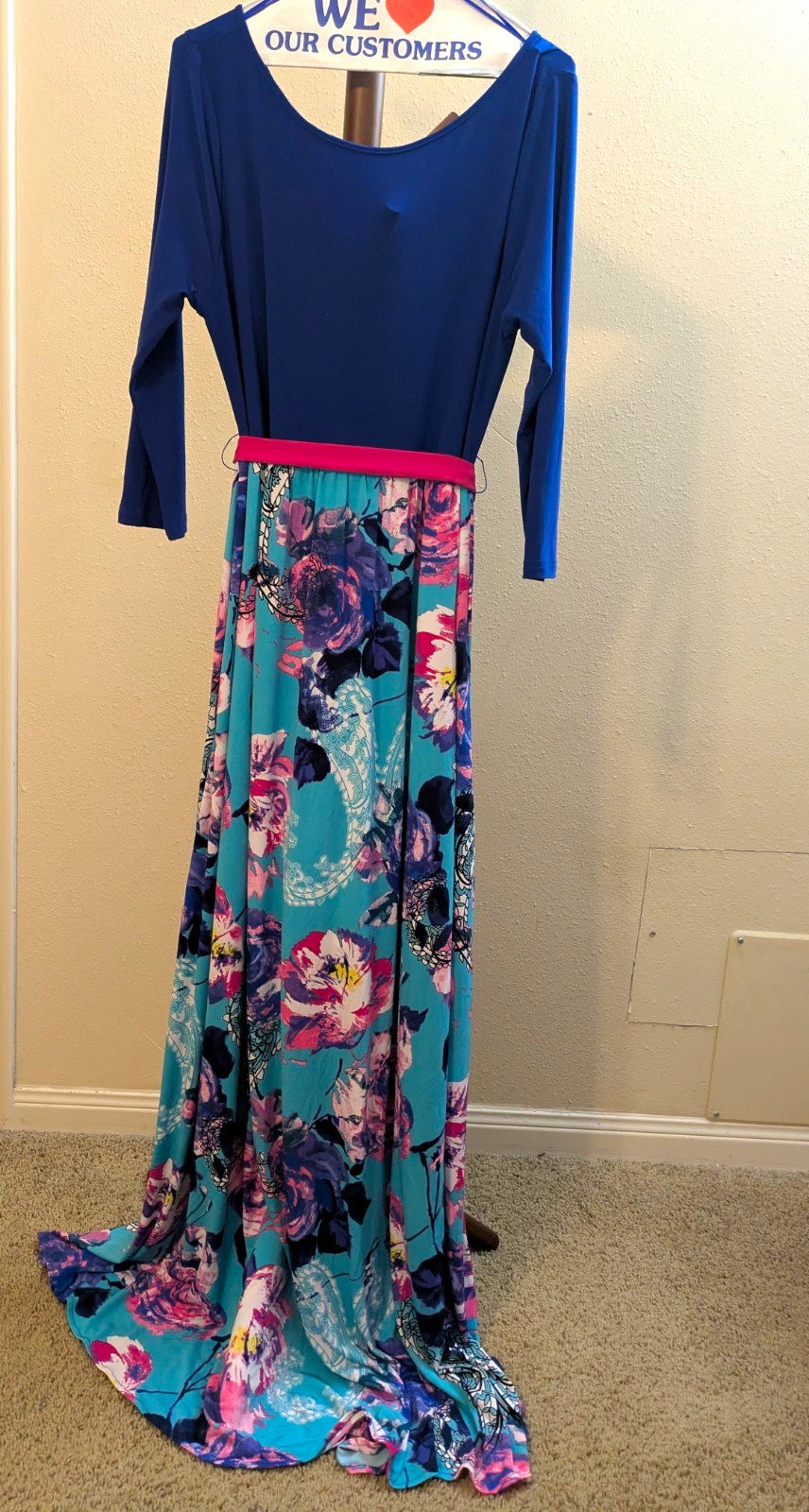 Filly Flair Blue/Teal Floral Jersey Maxi Dress Scoop Neck 3/4 Sleeve Zip Up XL