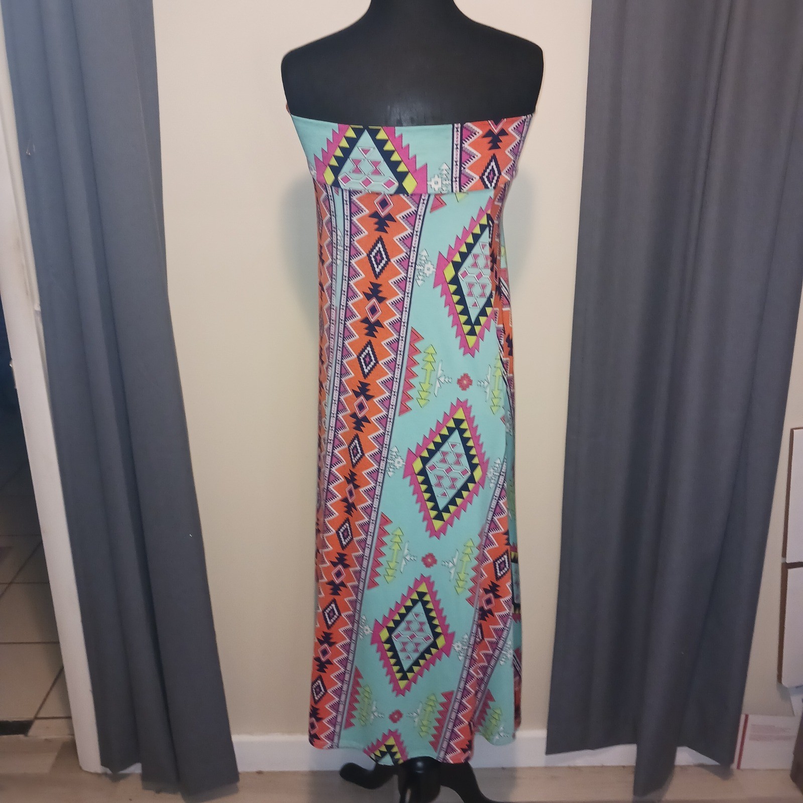 HERSHE Boho Tribal Aztec Bohemian Strapless Maxi Dress Foldover Skirt Xl