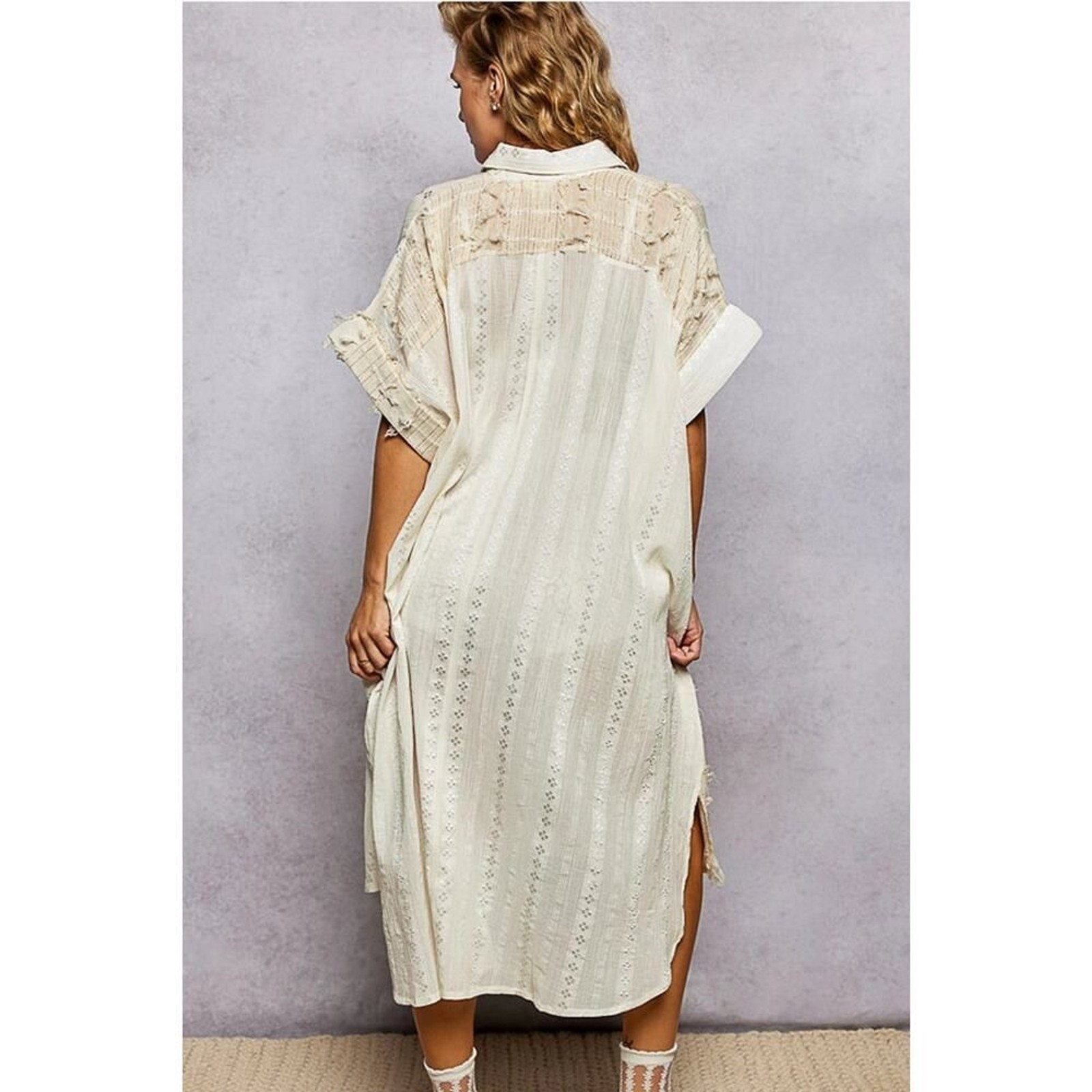POL Dangle Trim Textured Cotton Oversized Long Shirt Dress – Cream