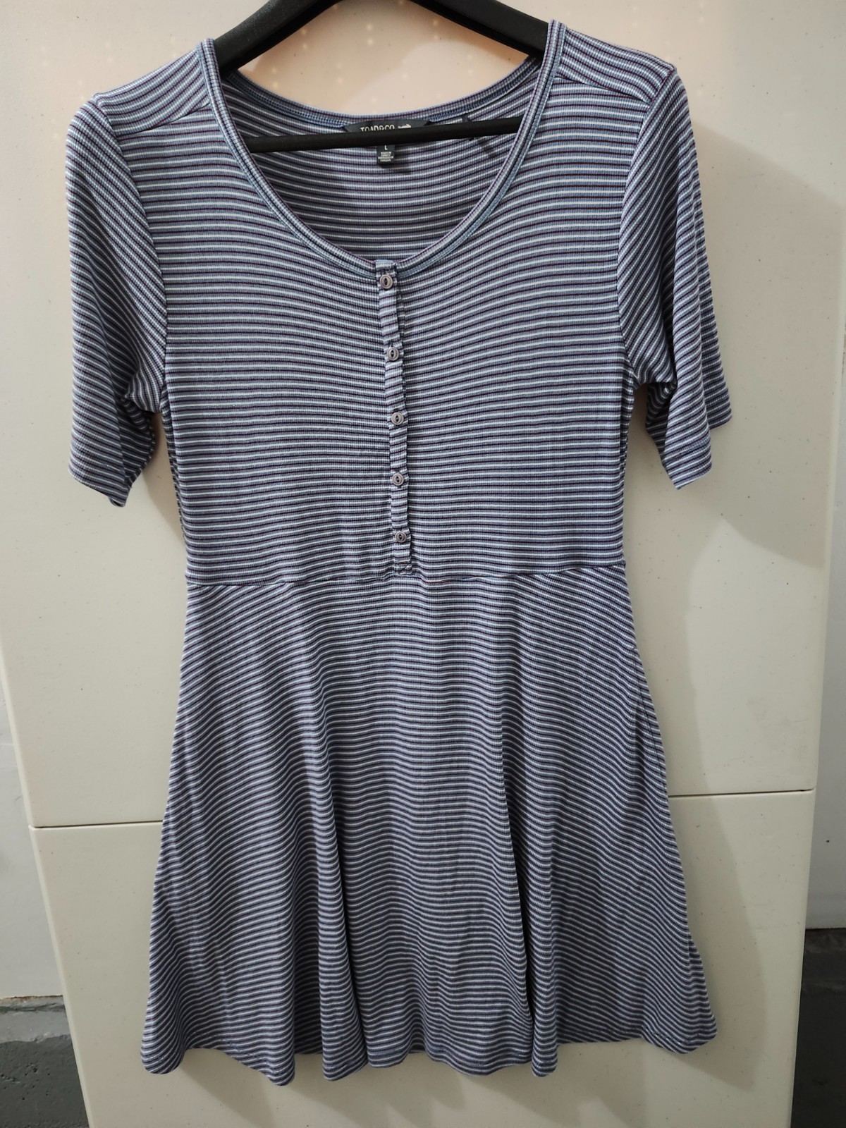 Toad Co Dress Womens L Blue Daisy Rib Flare Skater Henley Stripe Stretch Pocket