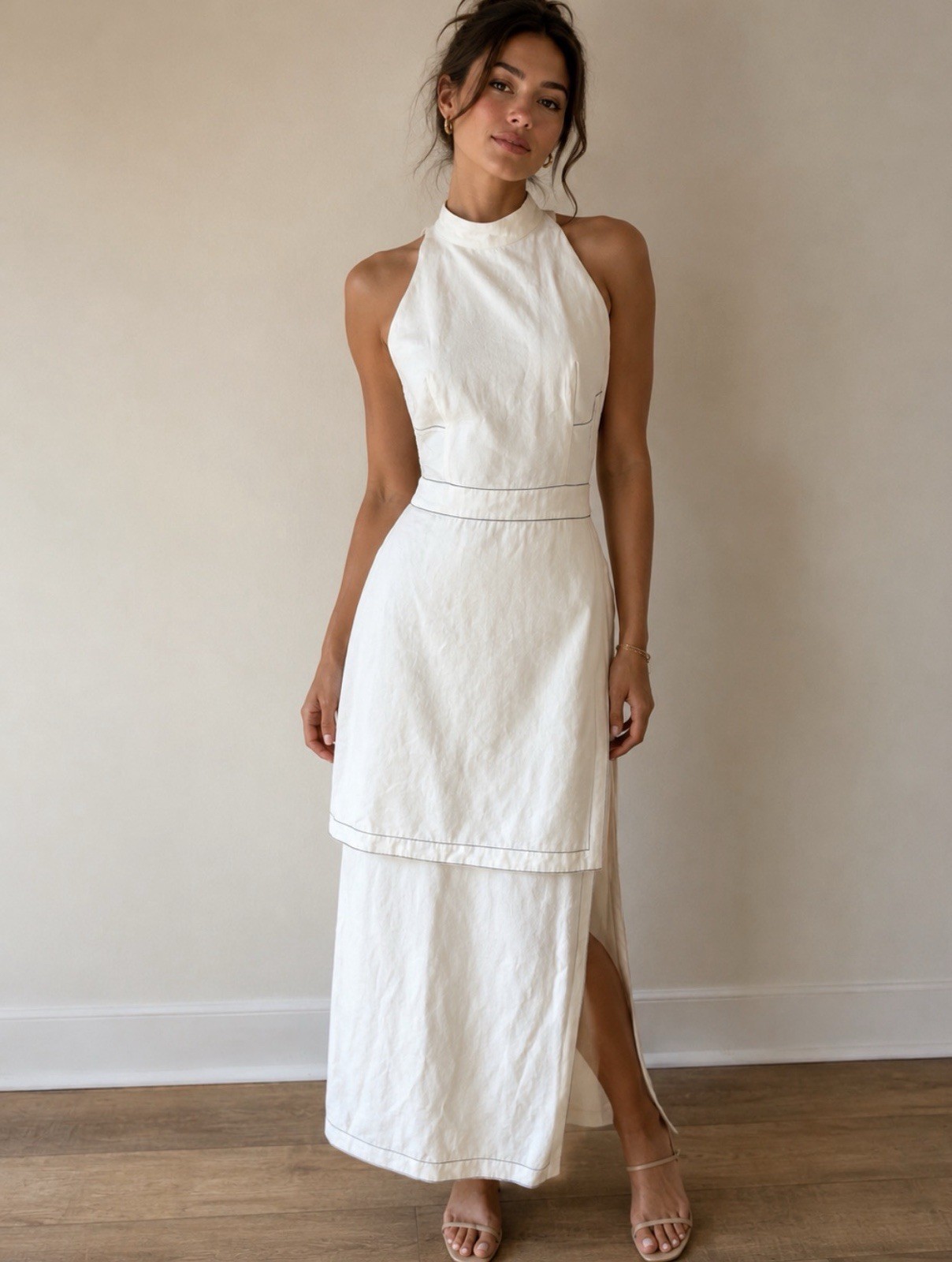 Straas High Halter Neckline.Side Slit.Size P