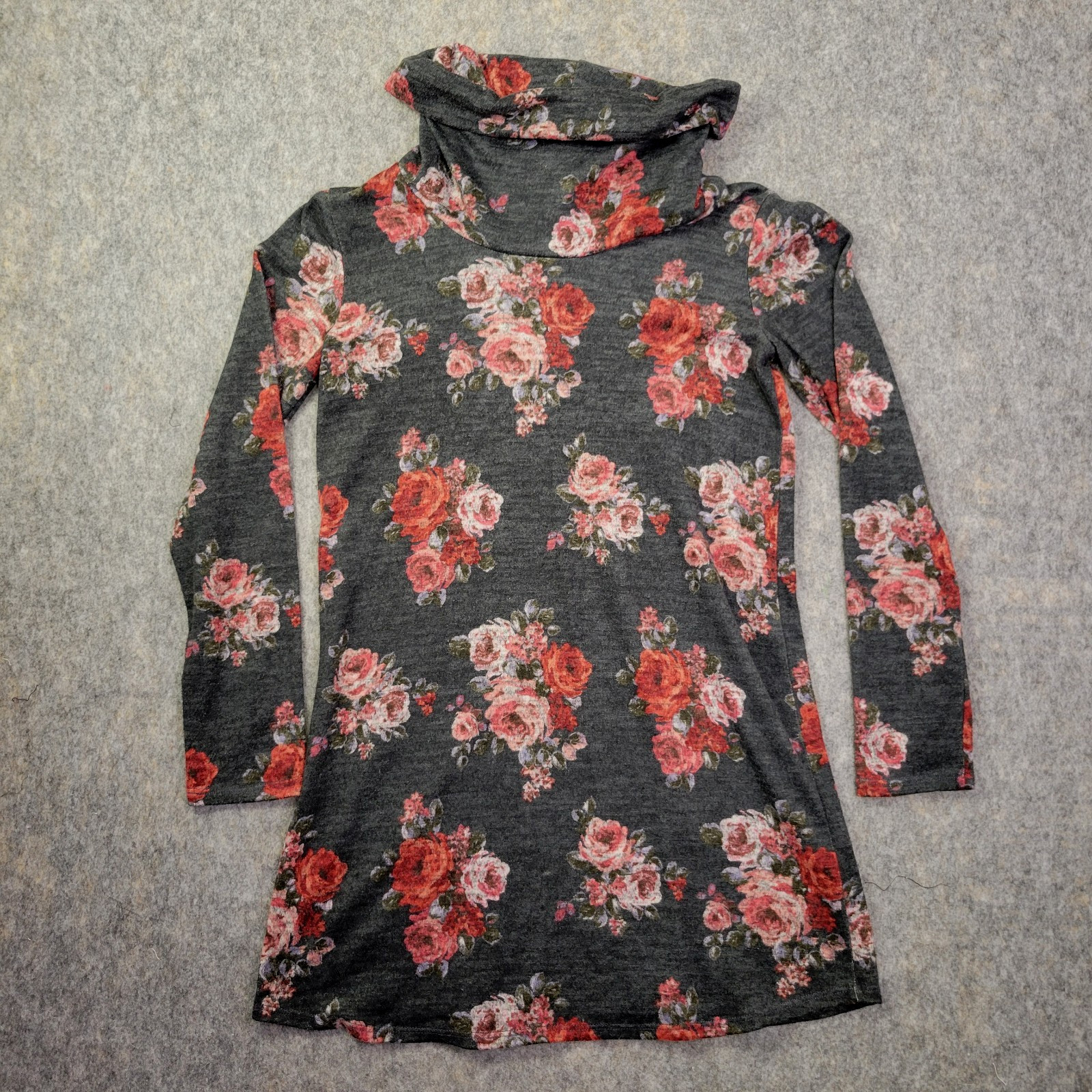 Nine Britton Marby Dress Womesn Sz M Grey Floral Long Sleeve Cowl Neck Soft Knit