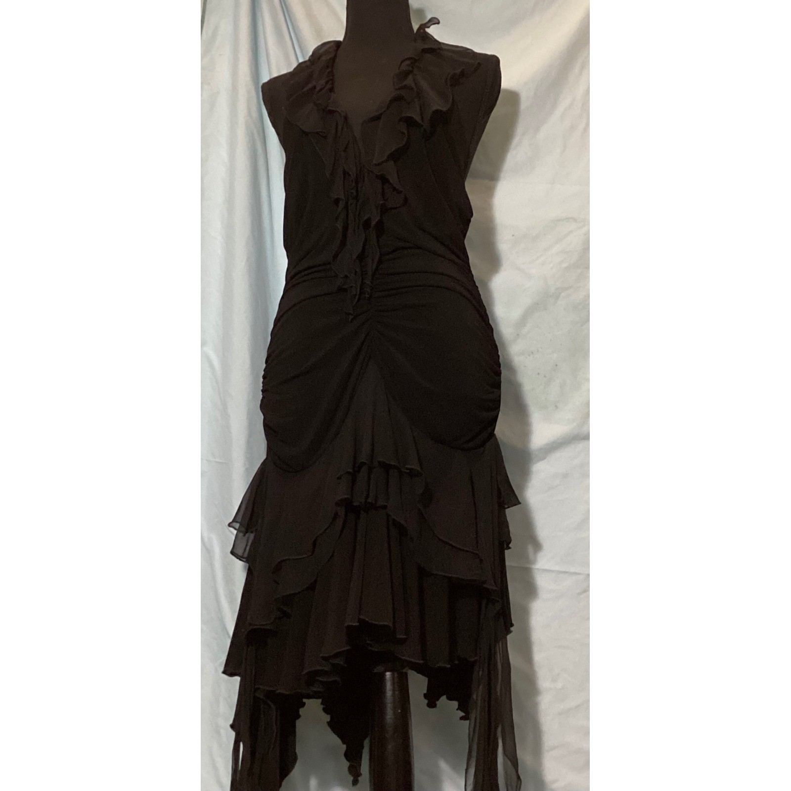 Black Bebe Ruffle Halter Tiered Asymmetrical Ruched Evening Dress Womens Large