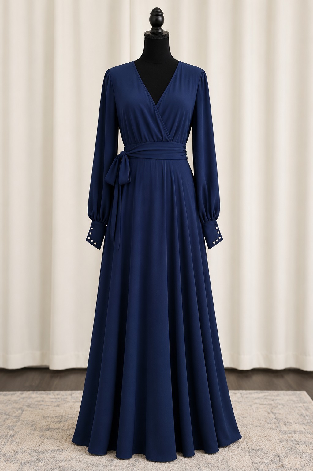 Merritt Los Angeles Navy Blue Wrap Maxi Dress Long Sleeve Tie Waist Women’s M