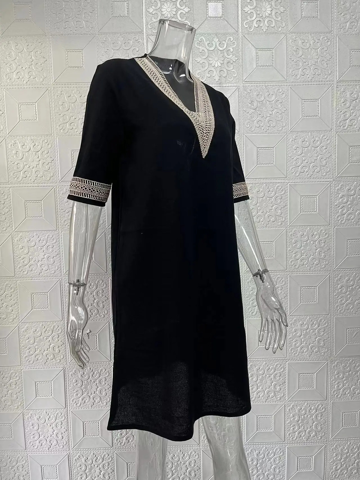 New Solid Color V-Neck Mid-Sleeved Elegant Dress